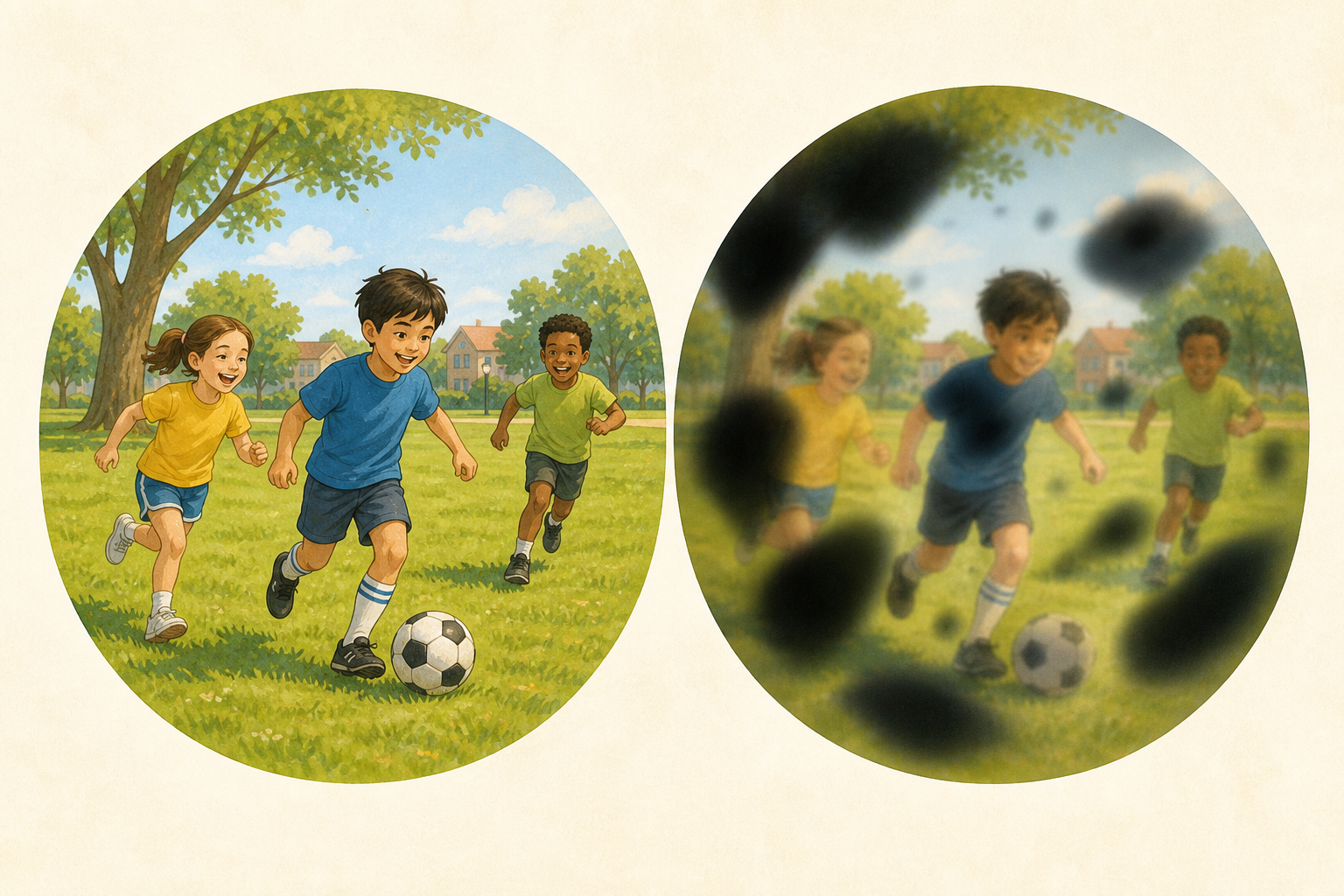 Two illustrated views of the same children playing football in a park, as if seen by a parent. The first is clear. The second is blurred and partly obscured by soft dark patches and floaters to suggest one possible experience of sight loss associated with advanced diabetic retinopathy.