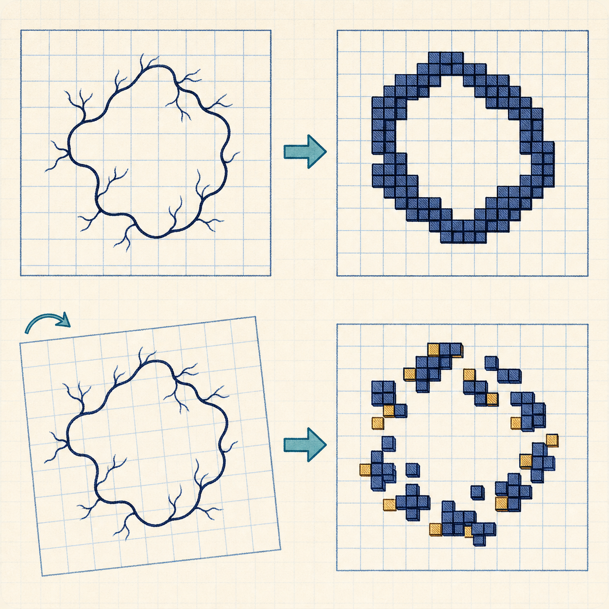 Four-panel schematic of a continuous retinal vascular loop and its sampled pixel representation. When aligned, the sampled pixels retain an intact loop. After a slight rotation and resampling, the same underlying vascular structure becomes fragmented on the pixel grid.