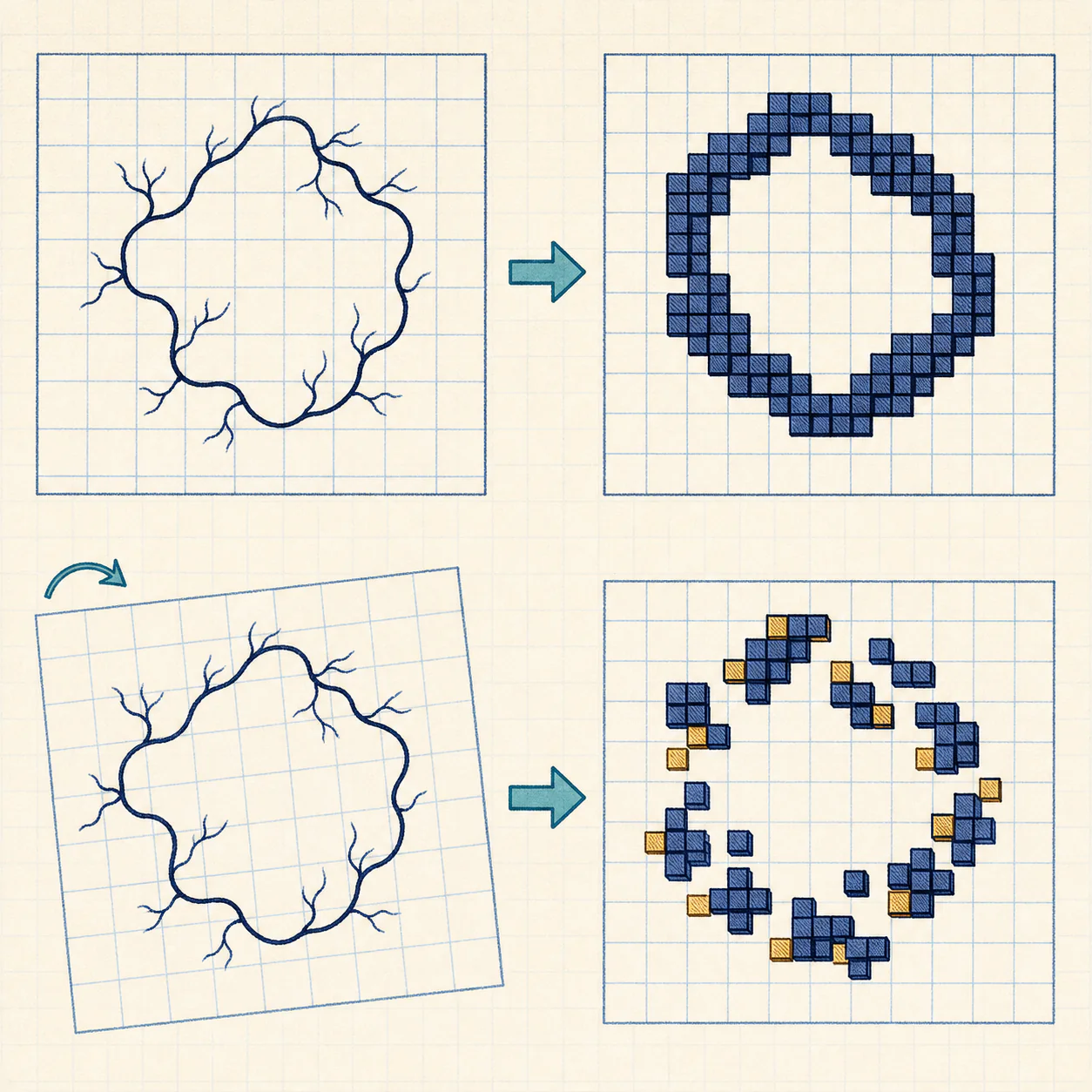 Four-panel schematic of a continuous retinal vascular loop and its sampled pixel representation. When aligned, the sampled pixels retain an intact loop. After a slight rotation and resampling, the same underlying vascular structure becomes fragmented on the pixel grid.